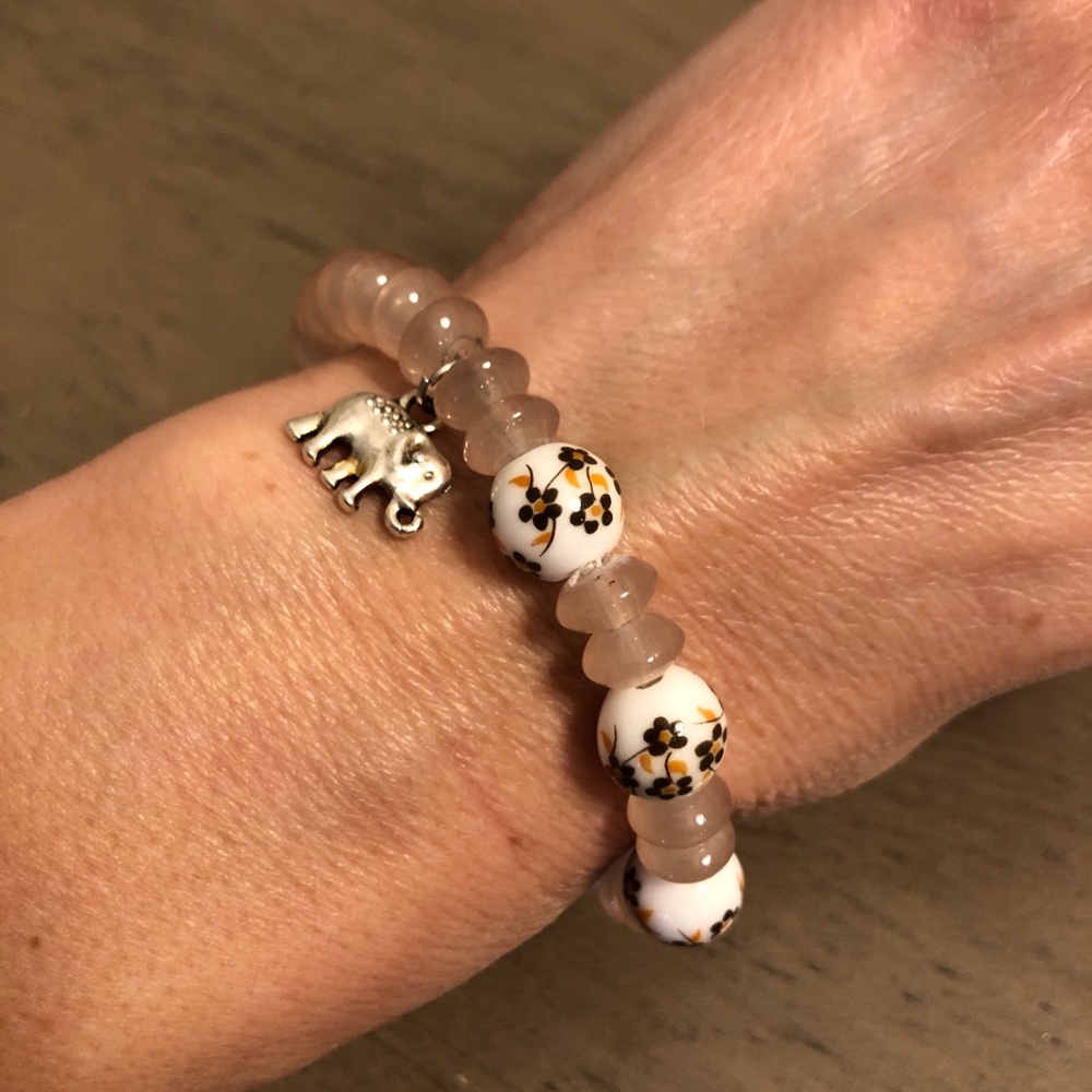 Pink Floral Beaded Bracelet with Silver Tone Elephant Charm